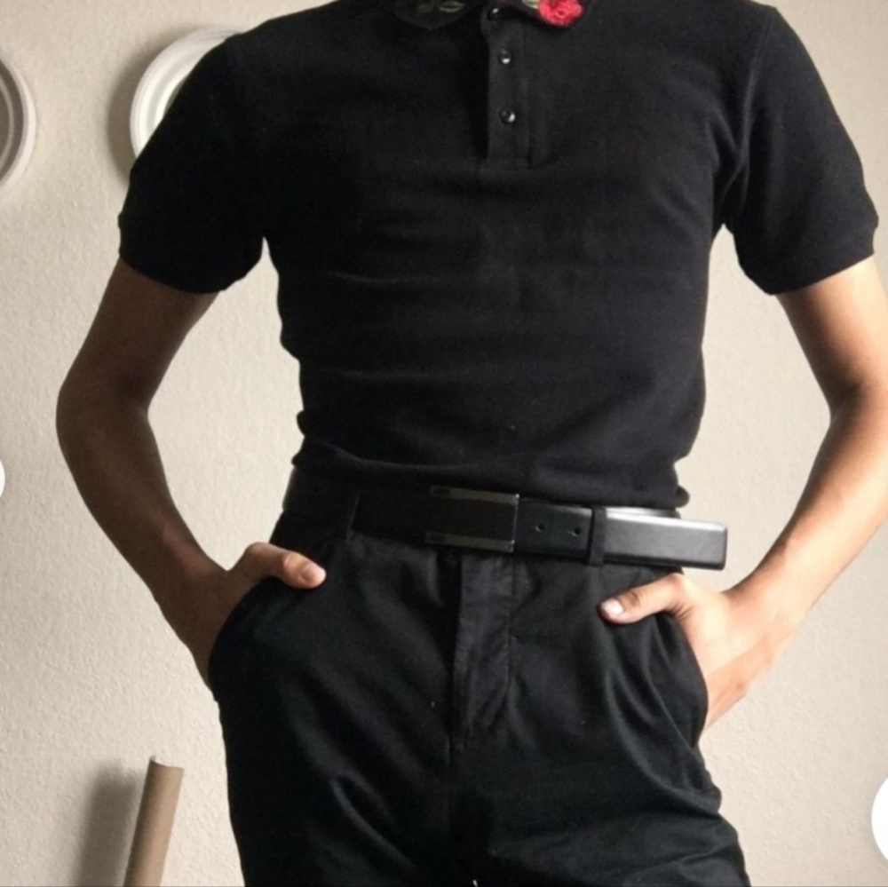Zara Man Black Polo Shirt with Red Floral Collar Size S - Picture 3 of 5
